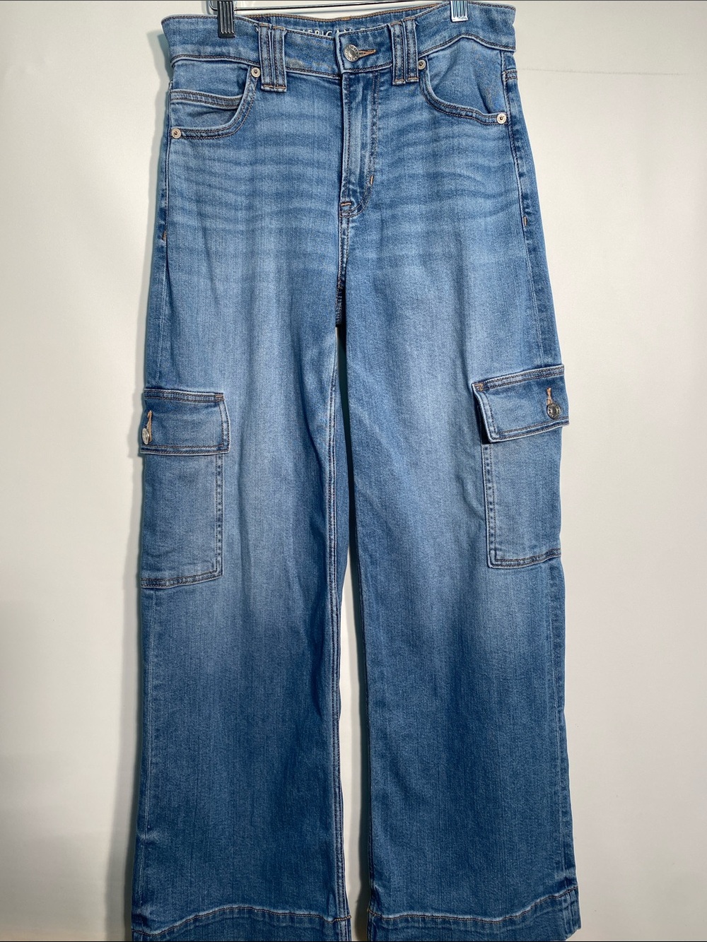 American Eagle Blue Denim High Waisted Baggy Cargo Jeans